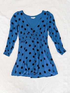 Reformation Alani Shirred Polka-Dot Georgette Mini Dress Blue and Black size 12